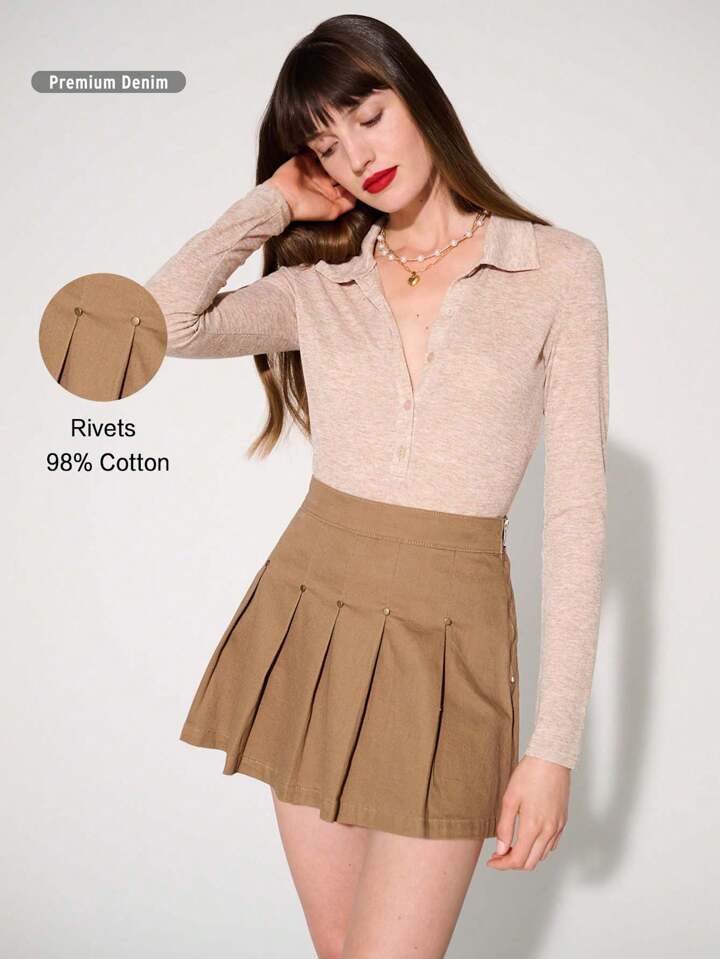 CM-BS891207 Women Casual Seoul Style Pleated Denim Mini Skirt - Khaki
