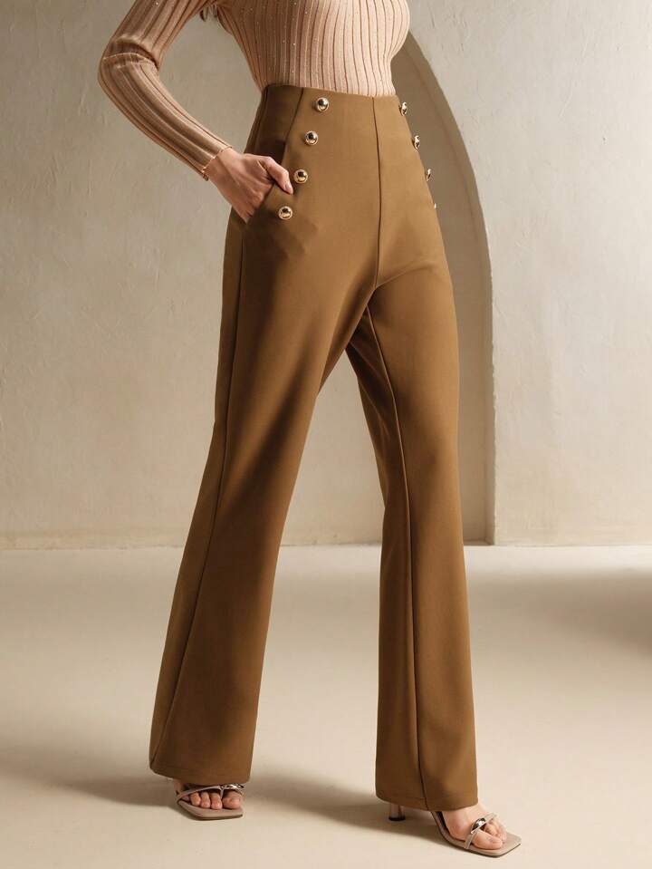 CM-BS159857 Women Elegant Seoul Style Metal Buckle Decor Slim Fit Flare Pants - Brown