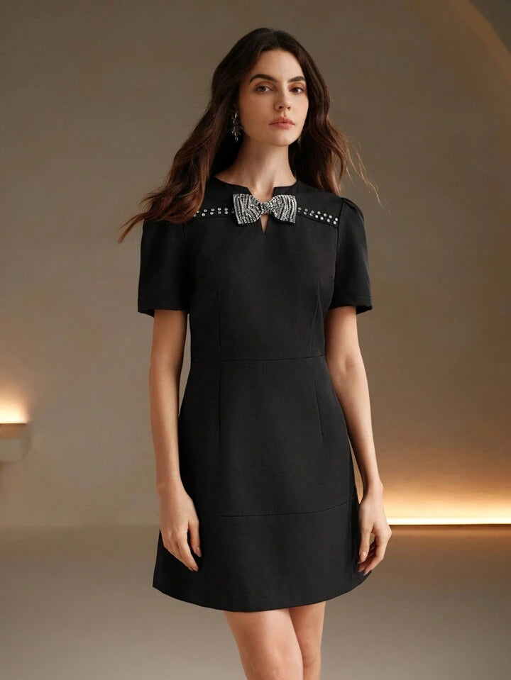 CM-DS157767 Women Elegant Seoul Style Rhinestone Bow Decor Short Sleeve A-Line Mini Dress - Black