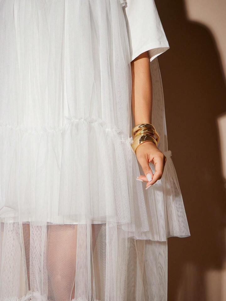 CM-DS261298 Women Elegant Seoul Style Round Neck Short Sleeve Contrast Mesh Tulle Tiered Maxi Dress - White