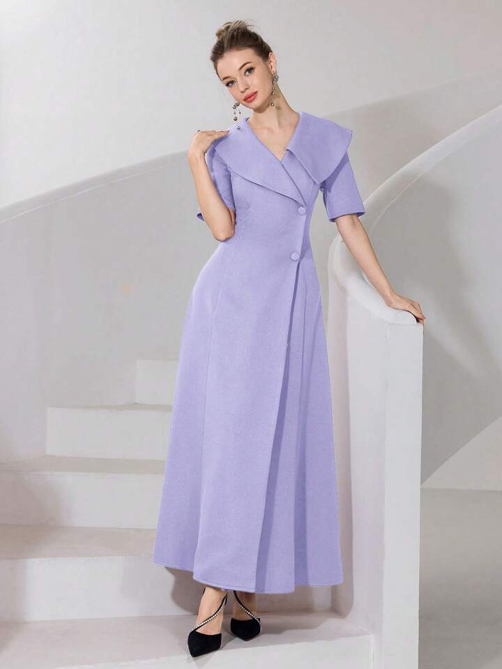 CM-DS792589 Women Elegant Seoul Style Solid Color V-Neck Short Sleeve Front Button Long Dress - Purple