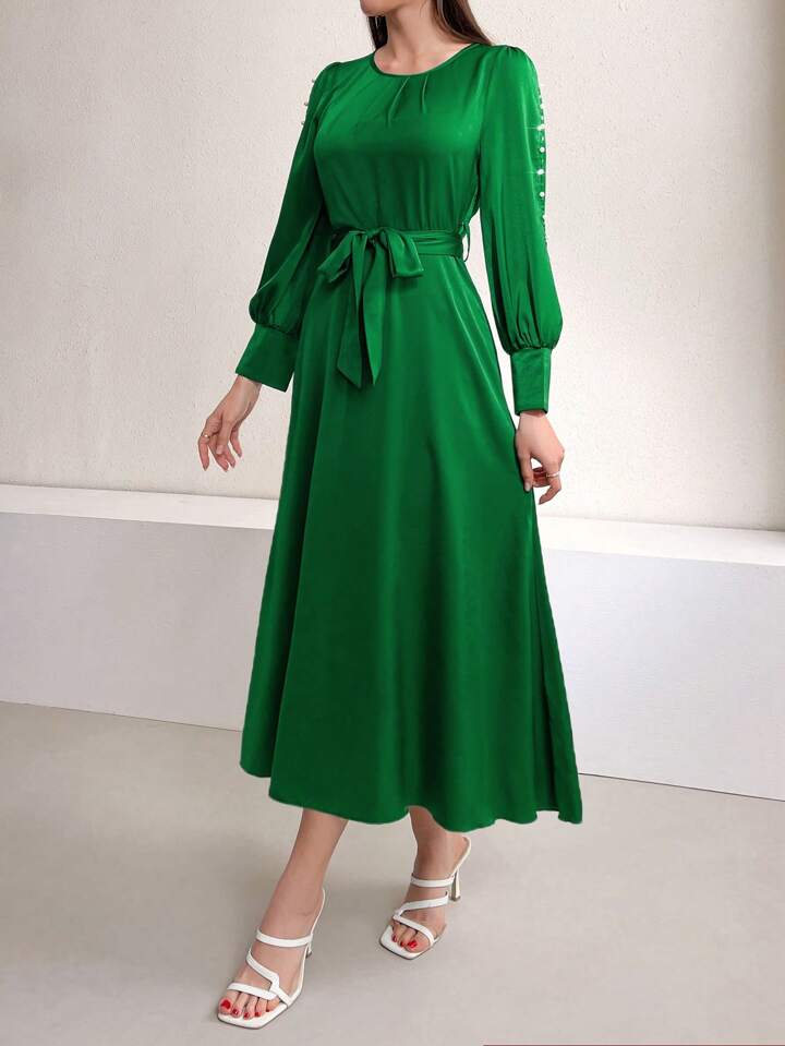 CM-DS988088 Women Elegant Seoul Style Round Neck Pearl Studs Hollow Out Dress - Green