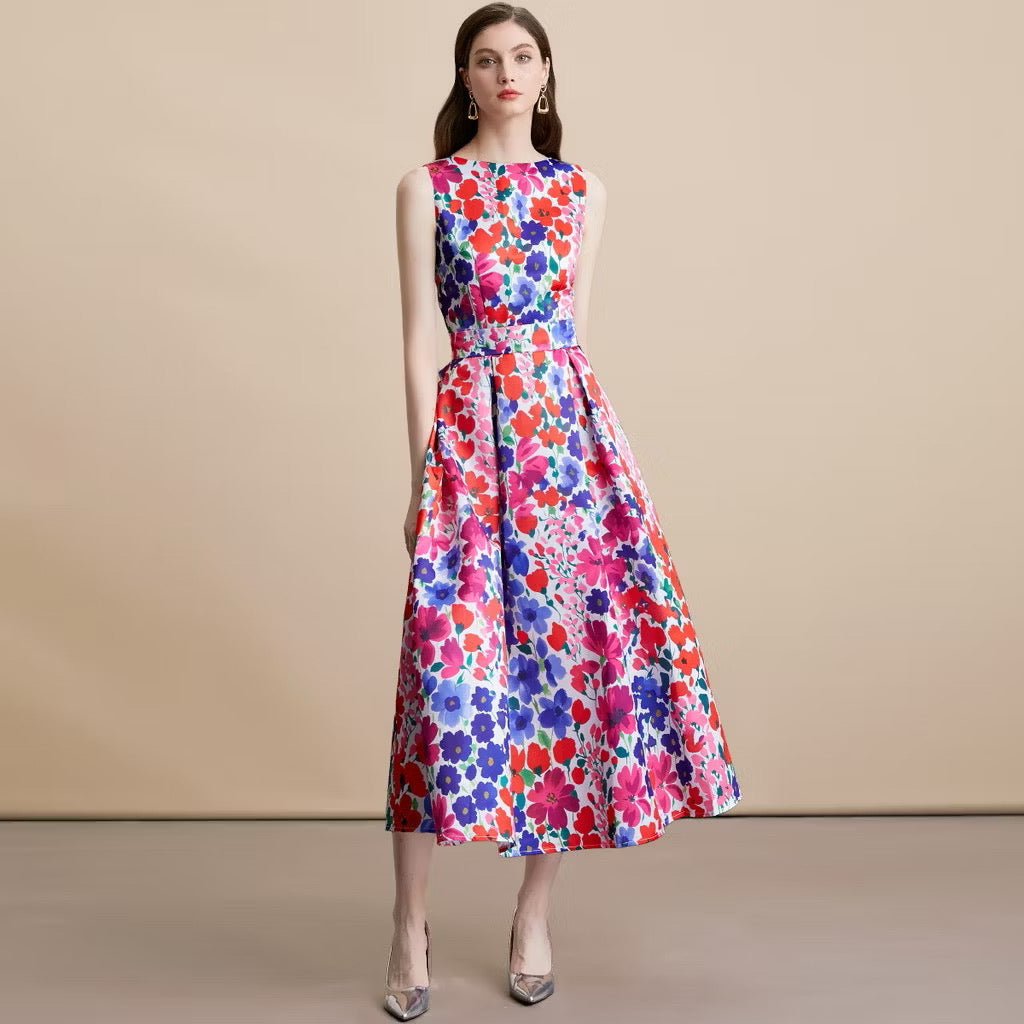 CM-DY054100 Women Elegant European Style Floral Print Round Neck Sleeveless High Waist Mid-Length Dress