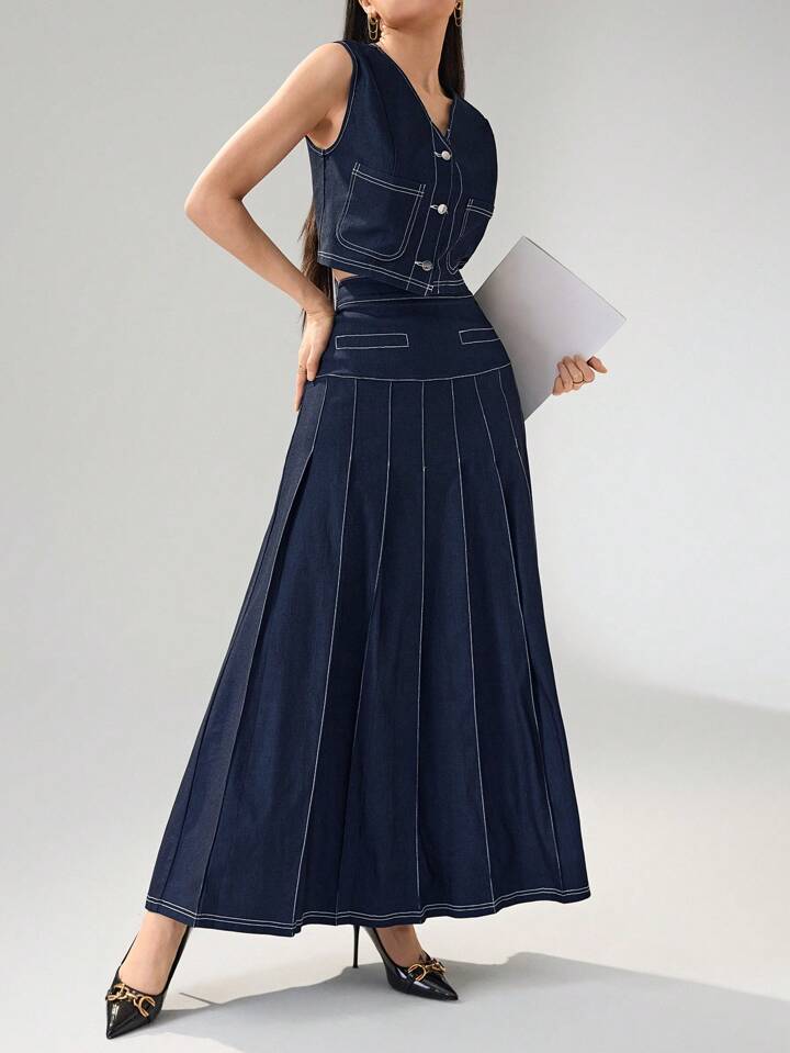CM-SS998951 Women Elegant Seoul Style V-Neck Front Button Sleeveless Blouse With A-Line Skirt - Set