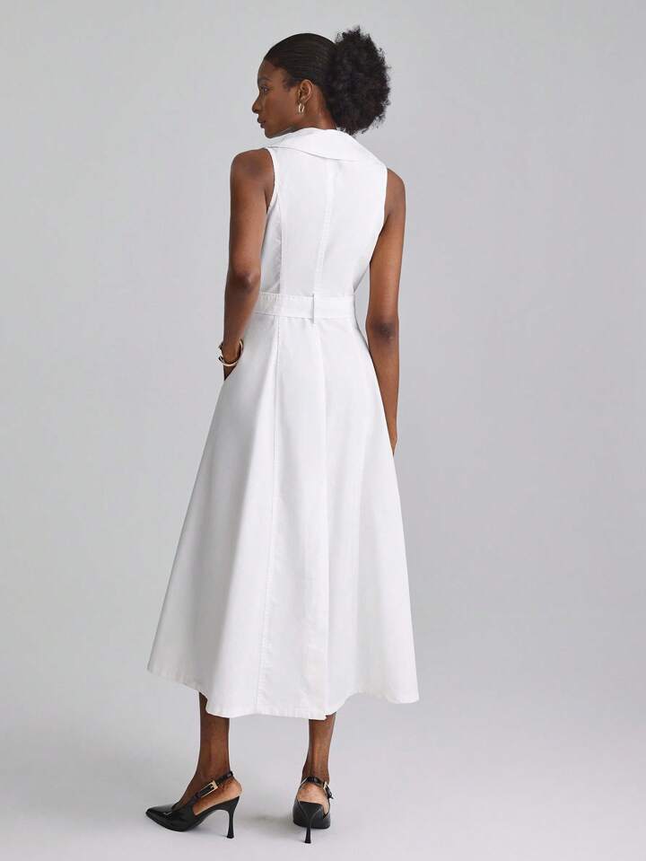 CM-DS483954 Women Elegant Seoul Style Lapel Neckline Double-Breasted Sleeveless Denim Dress