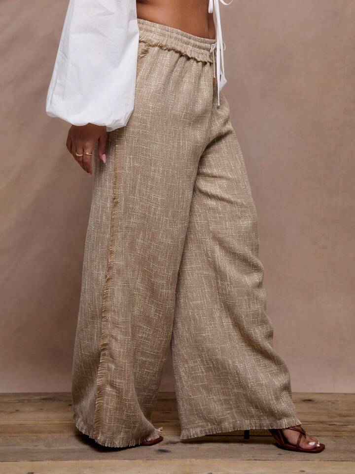 CM-BS646463 Women Trendy Bohemian Style Linen Fray Trim Wide Leg Trouser