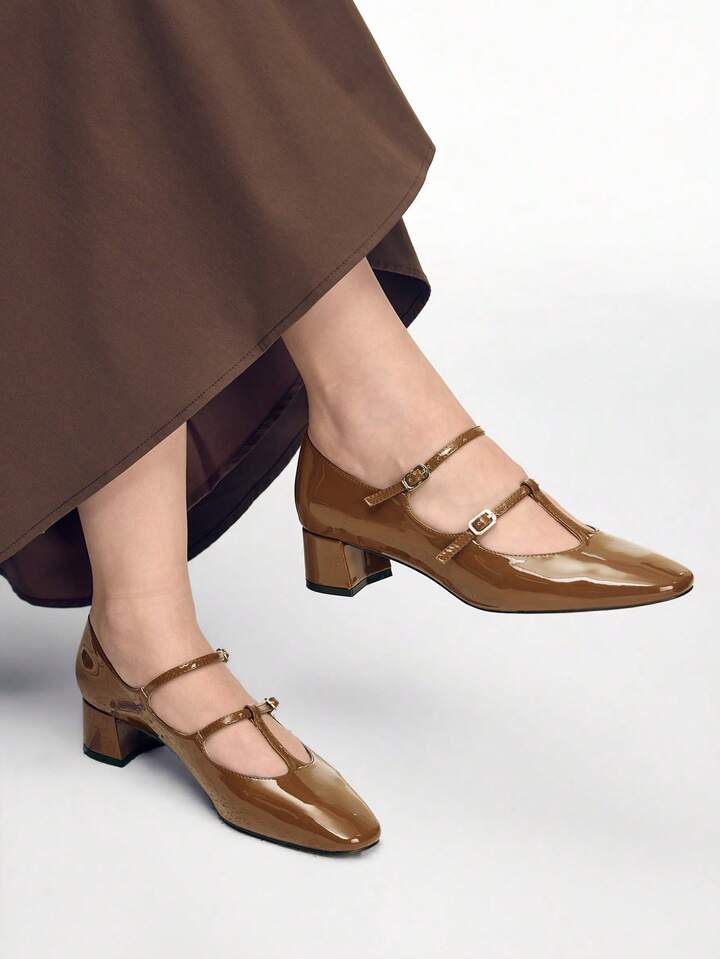 CM-SHS026446 Women Trendy Seoul Style Glossy Buckle Design High Heels Sandals - Coffee Brown