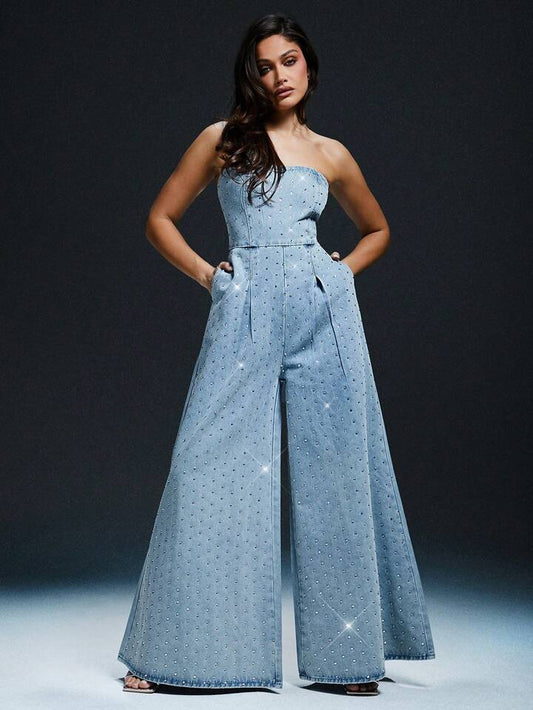 CM-JS136046 Women Elegant Seoul Style Light Wash Rhinestone Detail Wide Leg Denim Jumpsuit