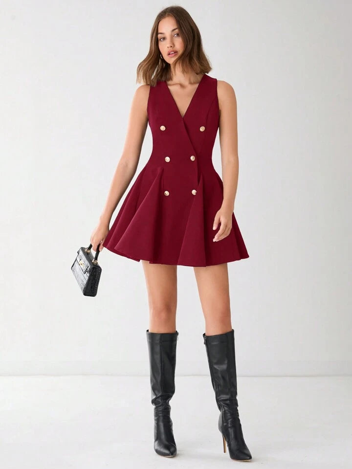 CM-DS856616 Women Elegant Seoul Style V-Neck Front Button Sleeveless A-Line Mini Dress - Burgundy