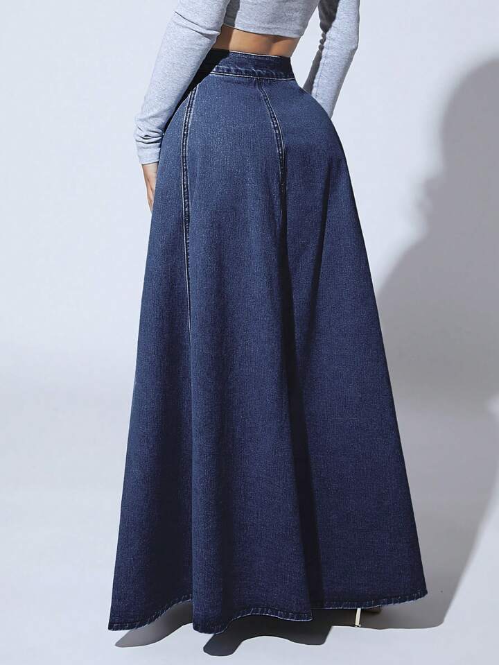 CM-BS705182 Women Casual Seoul Style Dark Wash High Waist Button Front Extra Long Denim Skirt