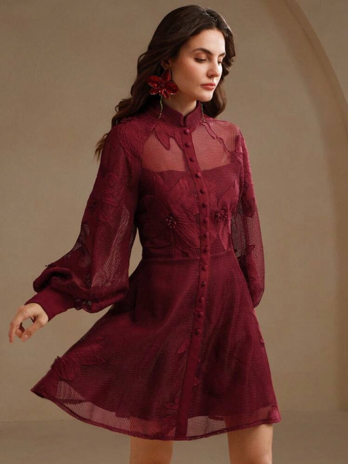 CM-DS494349 Women Elegant Seoul Style Collar Neckline Lace Cinched Waist Lantern Sleeve Dress - Red