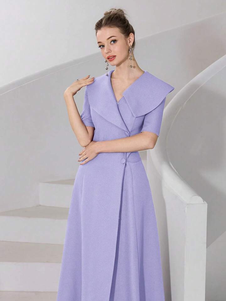 CM-DS792589 Women Elegant Seoul Style Solid Color V-Neck Short Sleeve Front Button Long Dress - Purple