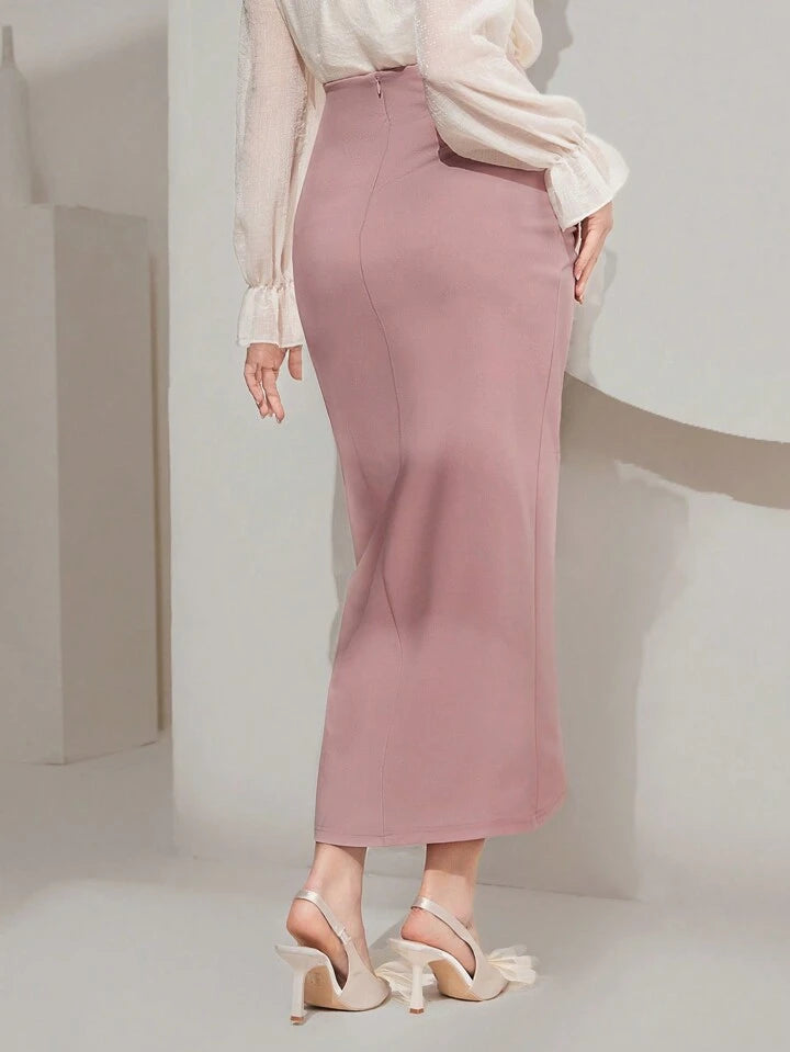 CM-BS328857 Women Elegant Seoul Style Wrap Ruched Asymmetrical Long Skirt - Pink