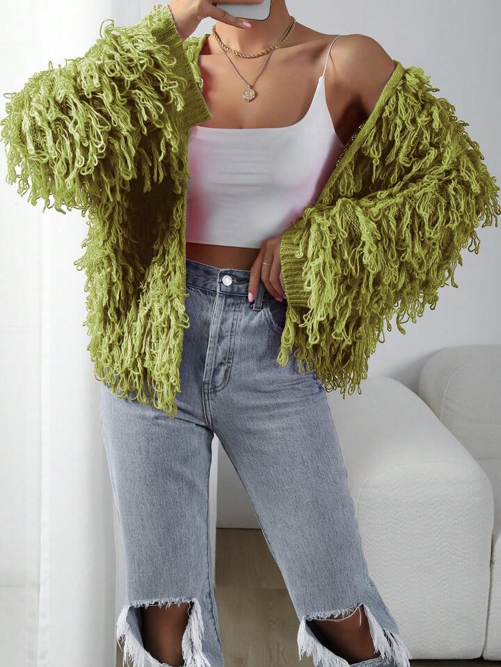 CM-CS902365 Women Casual Seoul Style Long Sleeve Shaggy Knit Duster Cardigan - Olive Green