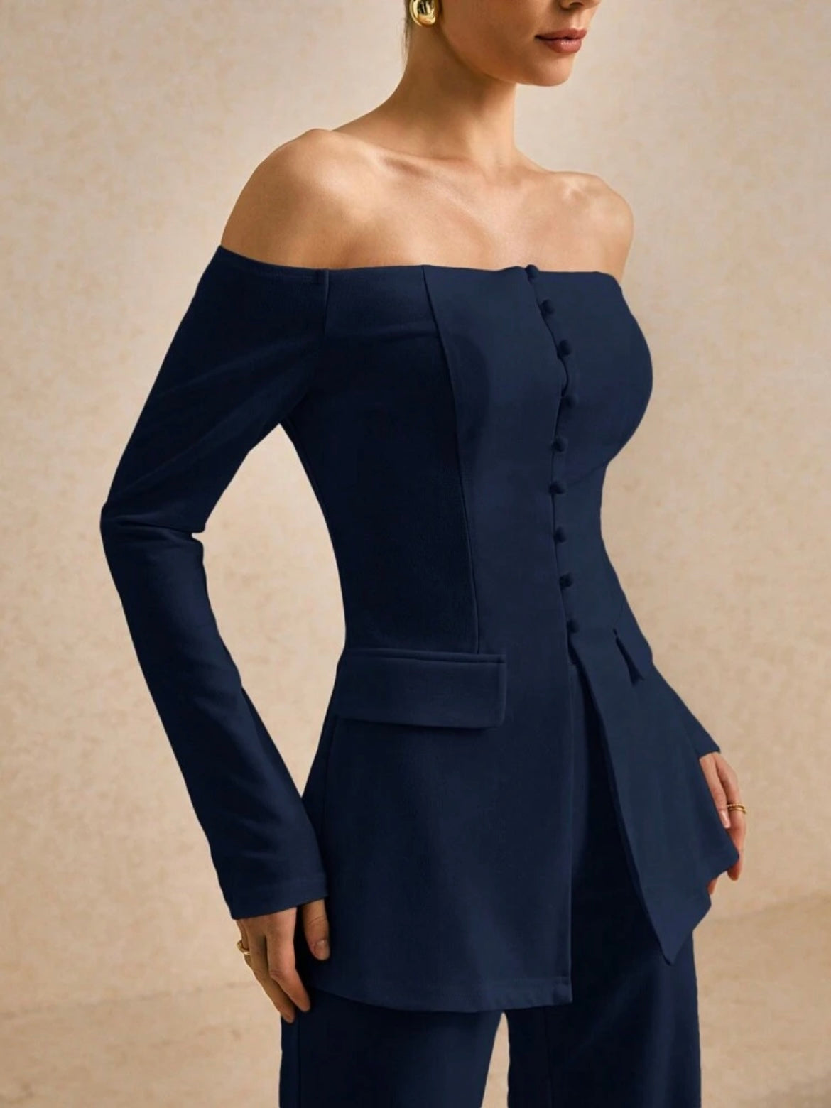CM-SS319241 Women Elegant Seoul Style Solid Color Off Shoulder Long Sleeve Single Breasted Blazer With Pants - Set