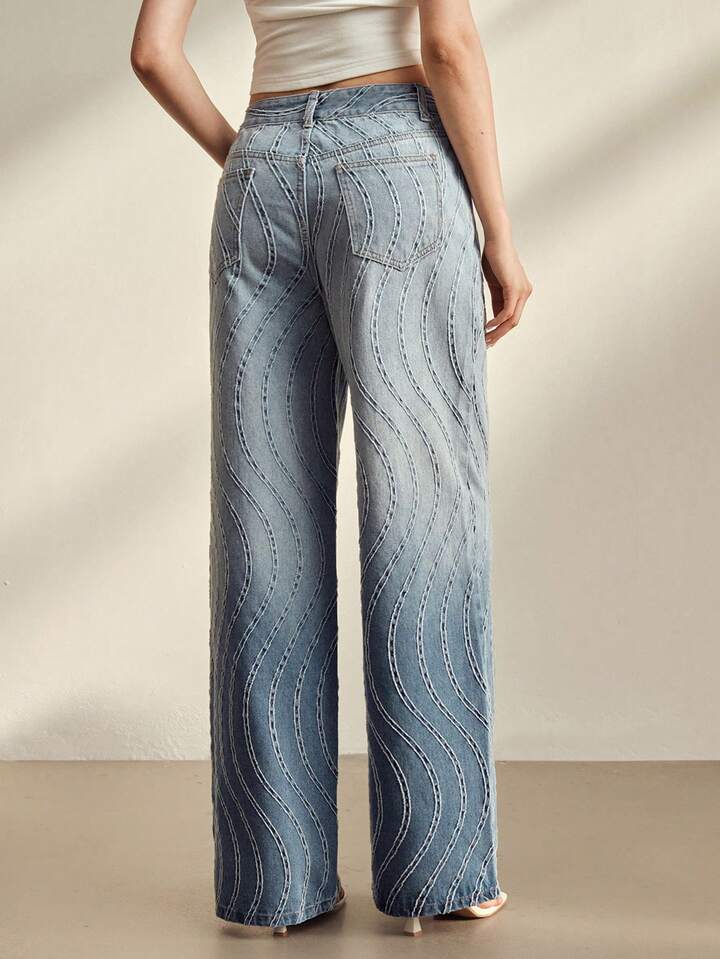 CM-BS195590 Women Casual Seoul Style Mid Waist Jacquard Gradient Straight Leg Jeans - Blue