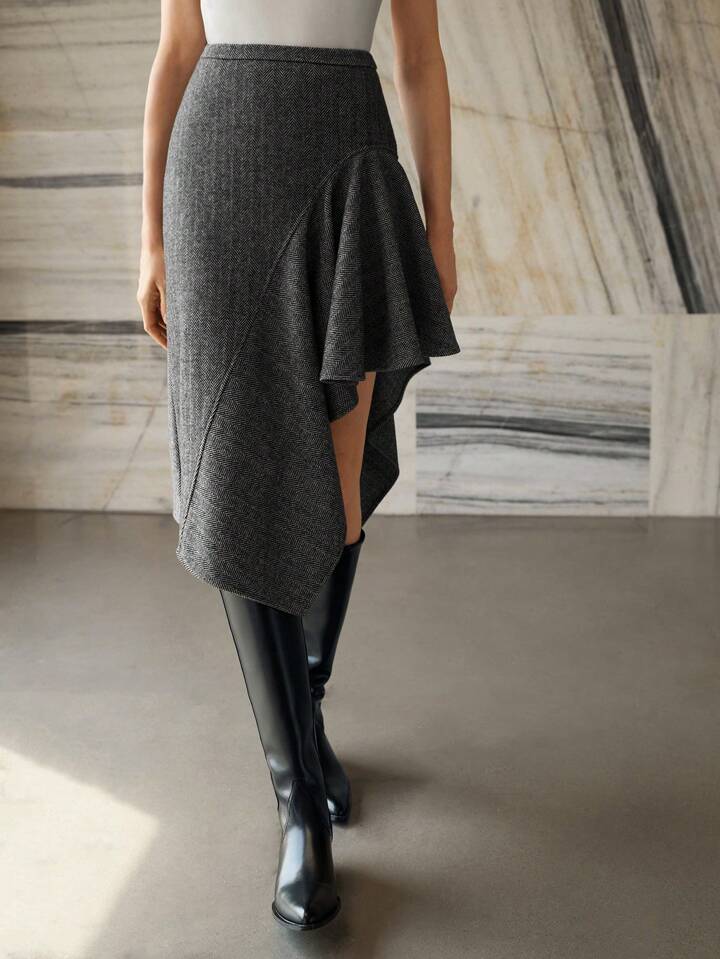 CM-BS017060 Women Elegant Seoul Style Wool Asymmetrical Hem Skirt - Gray