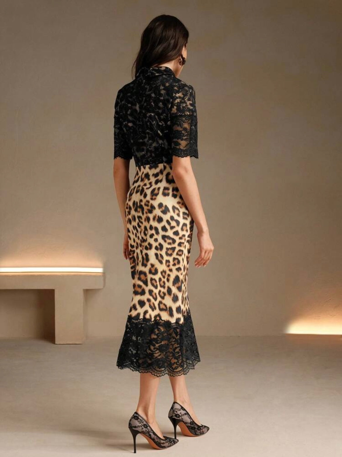 CM-DS811756 Women Elegant Seoul Style Collar Neckline Lace Patchwork Pattern Bodycon Maxi Dress