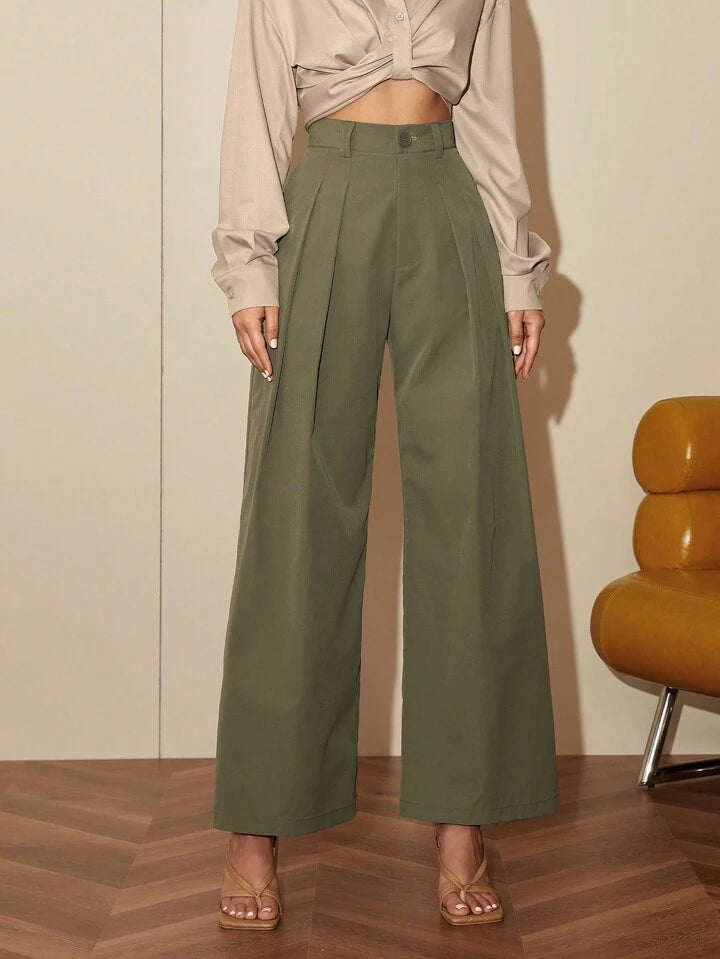 CM-BS394412 Women Elegant Seoul Style Pleated Wide Leg Suit Pants - Army Green