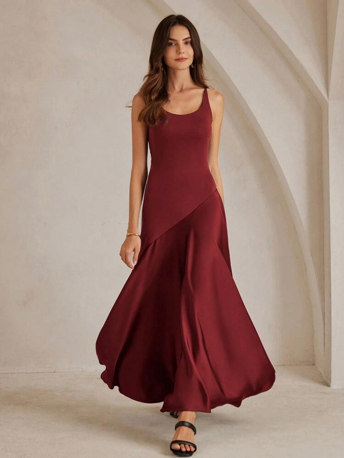 CM-DS076176 Women Elegant Seoul Style Solid Color Minimalist Spaghetti Strap Maxi A-Line Dress - Red