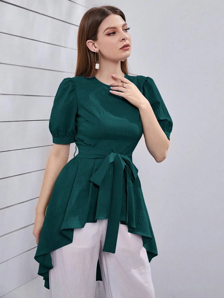 CM-TS741554 Women Casual Seoul Style Round Neck Bubble Short Sleeve Aymmetric Hem Blouse