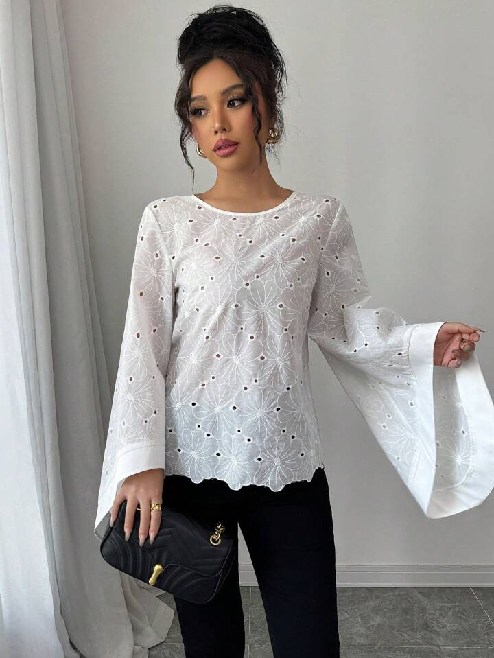 CM-TS905519 Women Casual Seoul Style Round Neck Exaggerated Flare Sleeve Embroidered Hollow Out Shirt