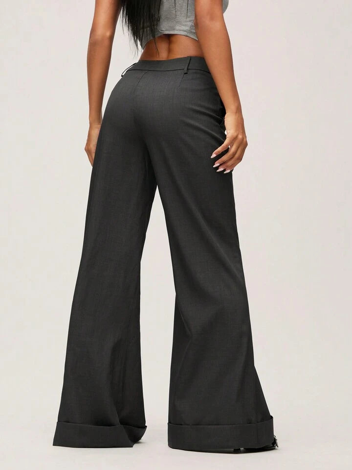 CM-BS936621 Women Casual Seoul Style Solid Color Low-Waist Wide-Leg Long Pants - Dark Gray