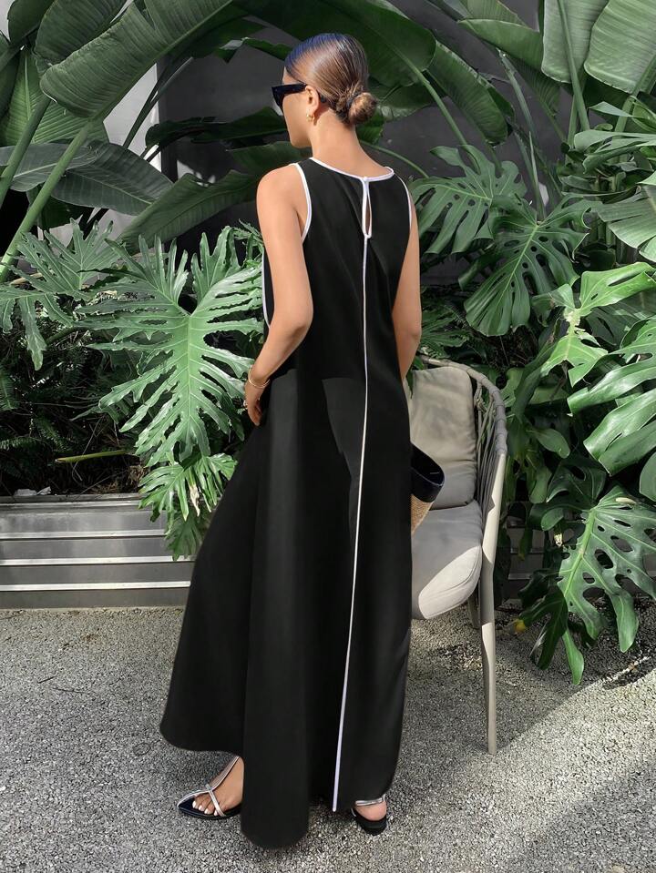 CM-DS384009 Women Casual Seoul Style Color-Conflicting Panels Sleeveless Loose Long Dress - Black