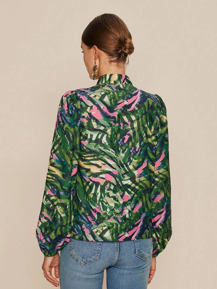 CM-TS340529 Women Casual Seoul Style Tie Neck Tropical Plant Print Long Sleeve Blouse - Green