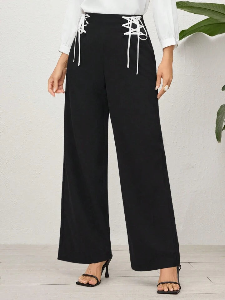 CM-BS517705 Women Casual Seoul Style Drawstring High-Waist Wide-Leg Pants - Black