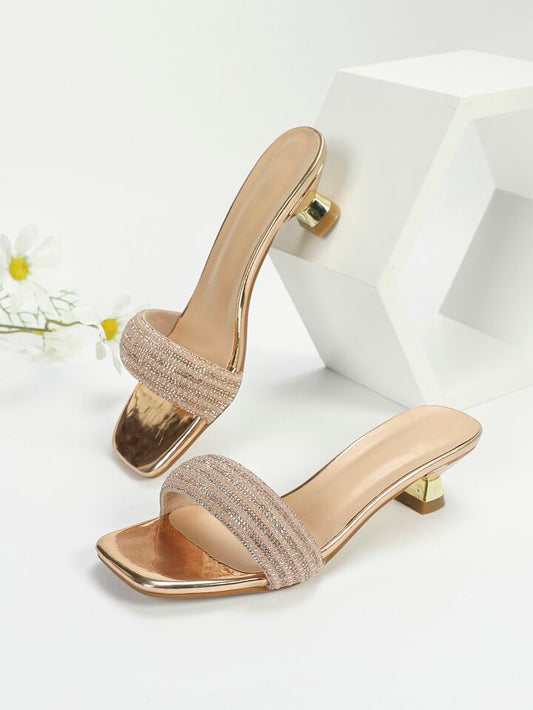 CM-SHS624904 Women Trendy Seoul Style Rhinestone Decor Sculptural Heeled Open Toe Mule Sandals - Champagne