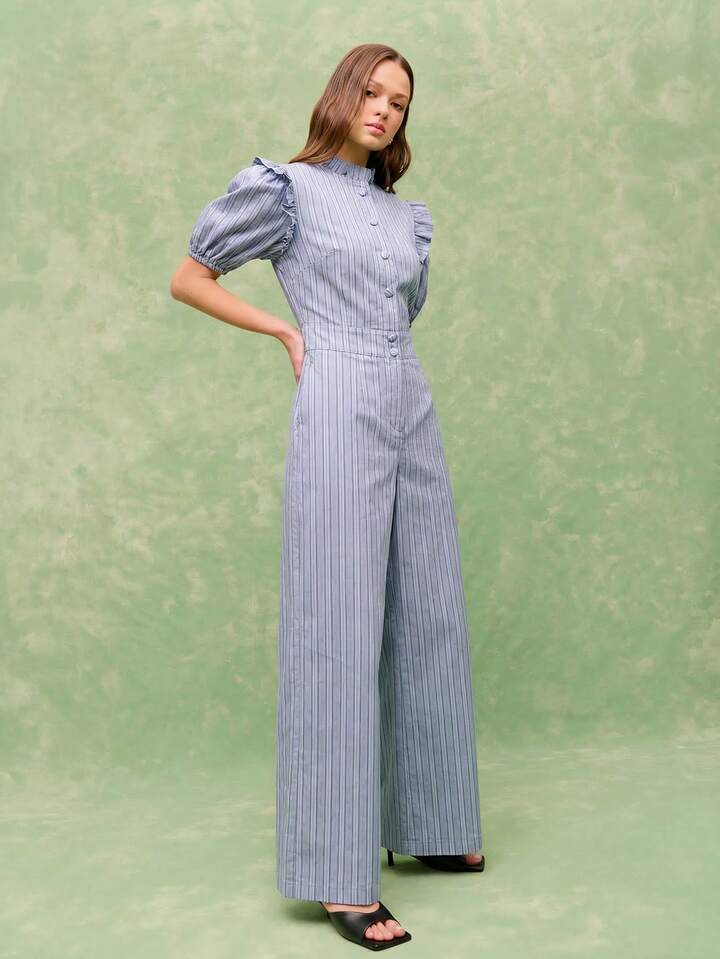 CM-JS373559 Women Casual Seoul Style Ruffled Collar Puff Sleeve Wide Leg Pinstripe Jumpsuit - Blue