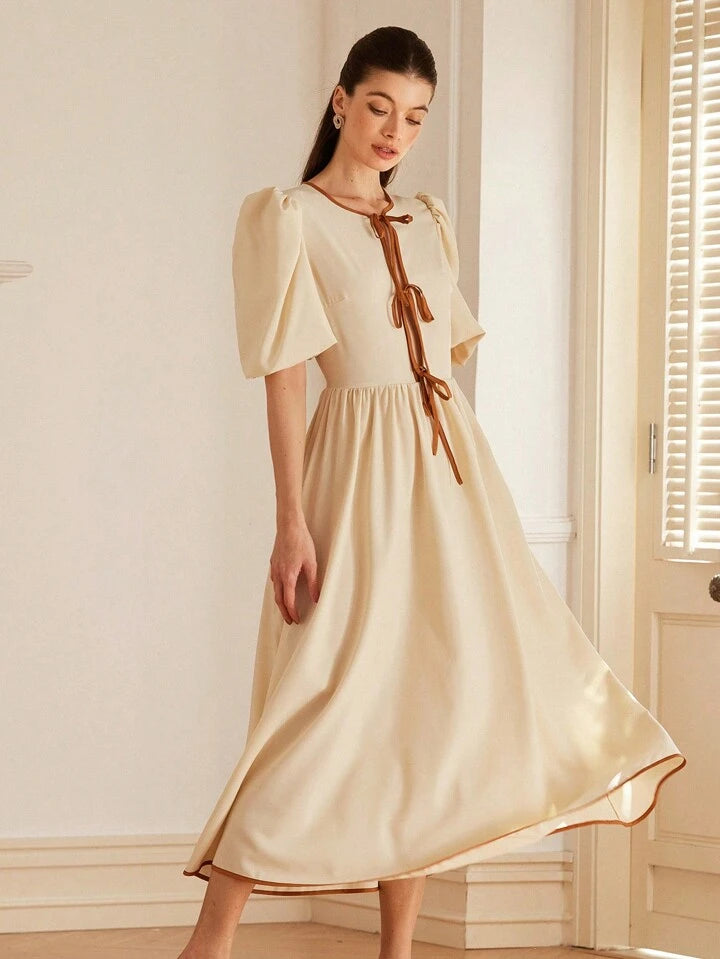 CM-DS389922 Women Casual Seoul Style Bowknot Backless Short Sleeve Cinched Waist A-Line Dress