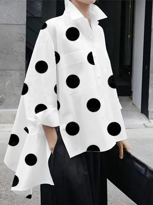 CM-TT021725 Women Casual Seoul Style Polka Dot Print Dipped Hem Shirt
