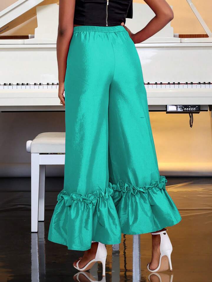 CM-BS112010 Women Elegant Seoul Style Bell Bottom Ruffle Trim Wide Leg Pants - Green