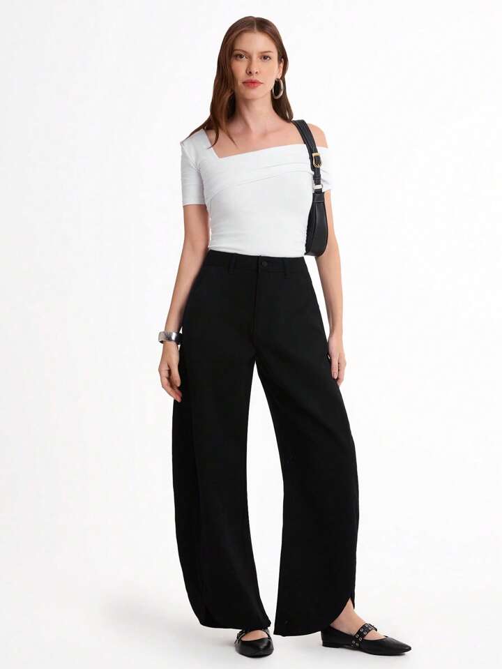 CM-BS928258 Women Casual Seoul Style High Waist Extra Long Loose Fit Wide Leg Jeans - Black
