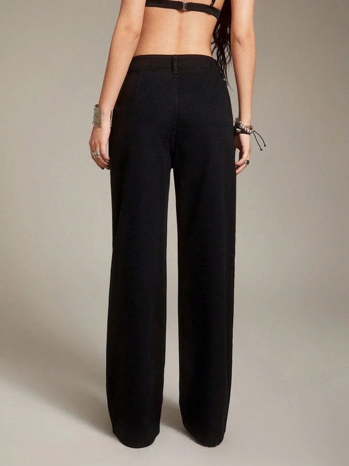 CM-BS901690 Women Casual Seoul Style Patchwork Weaving Belt Straight-Leg Pants - Black