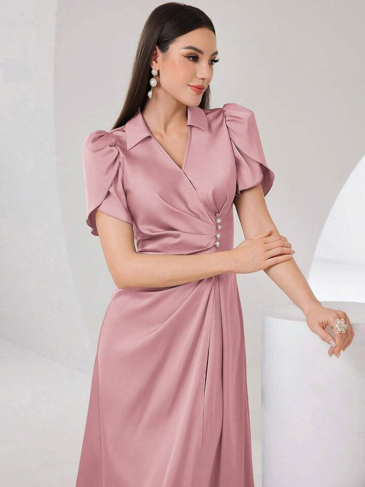 CM-DS447973 Women Elegant Seoul Style Lapel Collar Long Puff Sleeve Ruched A-Line Dress - Pink