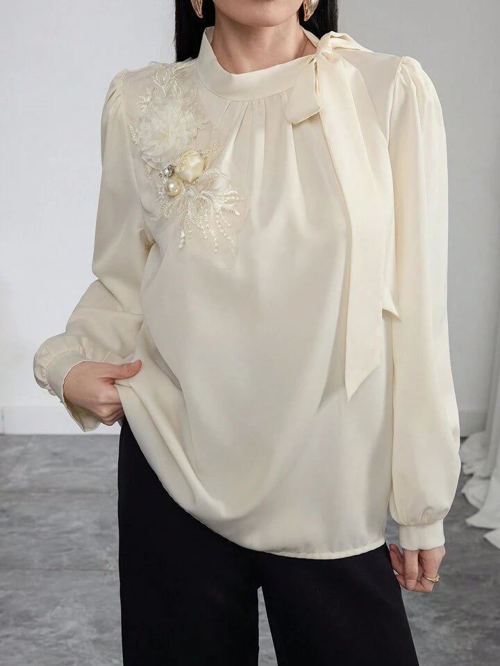 CM-TS625563 Women Casual Seoul Style Satin Applique Tie Shoulder Long Sleeve Blouse - Apricot