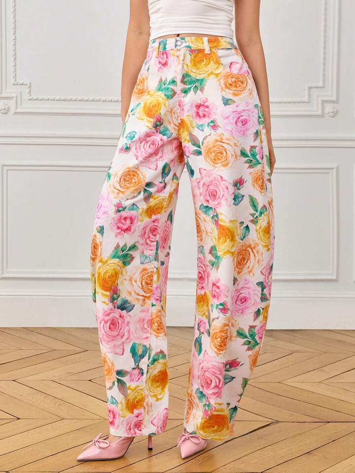 CM-BS143261 Women Casual Seoul Style Mid Waist Colorful Floral Print Baggy Flared Denim Pants - White