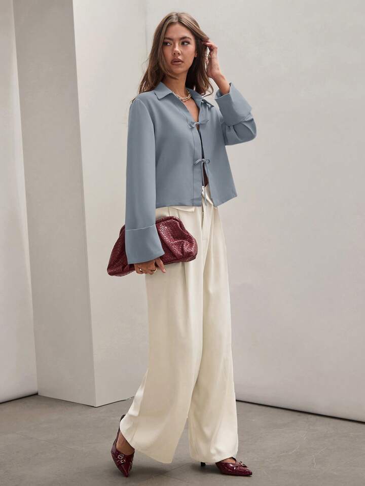 CM-TS815344 Women Trendy Bohemian Style Shirt Collar Front Tie Long Sleeve Shirt - Baby Blue