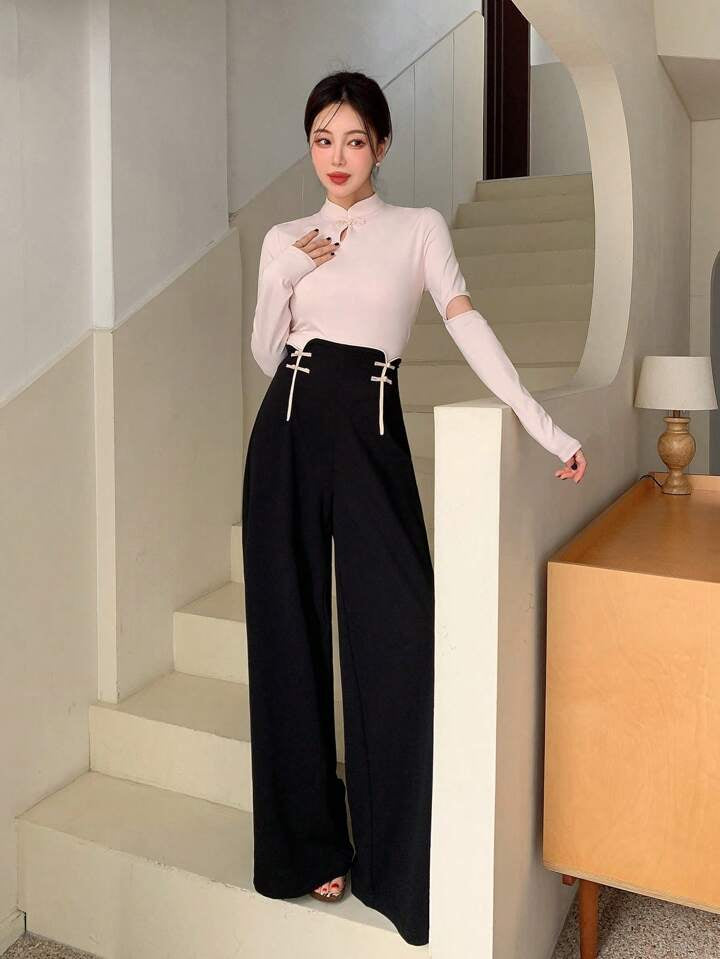 CM-BS345659 Women Casual Seoul Style Ultra High Waist Loose Straight Leg Pants - Black