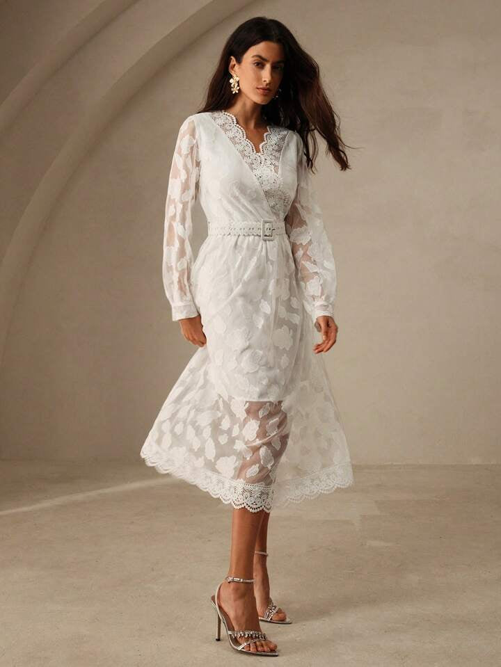 CM-DS009215 Women Elegant Seoul Style Lace Hollow Out Floral Cut V-Neck Puff Sleeve Cinched Midi Dress