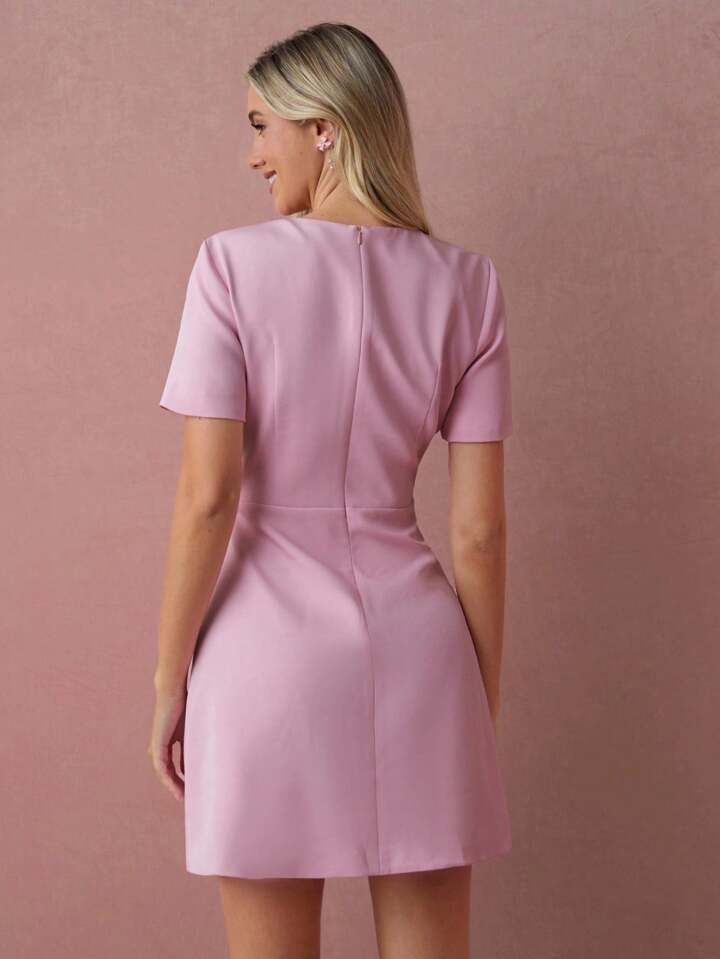 CM-DS119207 Women Elegant Seoul Style Bowknot Hollow-Out Embroidered Short Sleeves Round Neck Mini Dress - Pink