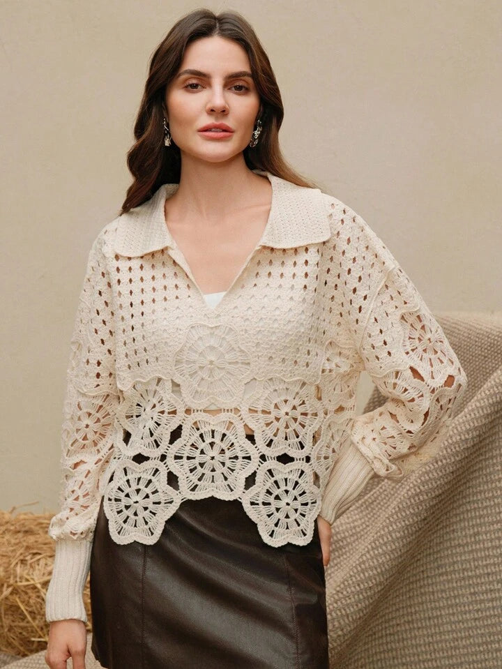 CM-CS191991 Women Elegant Seoul Style Loose Fit Turndown Collar Hollow Out Long Sleeve Sweater - Apricot