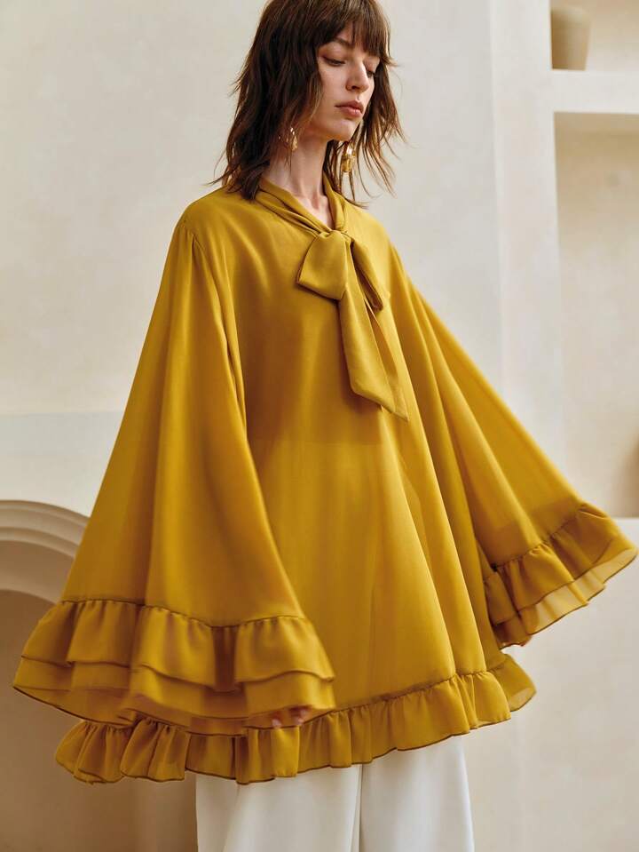CM-TS466804 Women Elegant Seoul Style Chiffon Ruffle Hem V-Neck Bowknot Long Loose Blouse