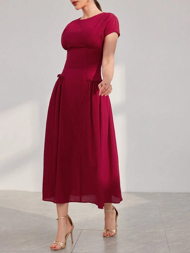 CM-DS200687 Women Elegant Seoul Style Batwing Sleeve Waist Cinched Dress - Burgundy