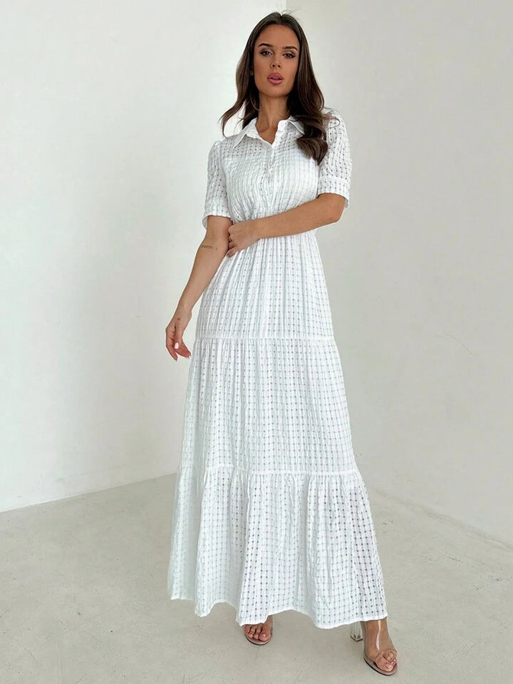 CM-DS955536 Women Casual Seoul Style Collared Waist-Tightening Design Bubble Sleeves Long Dress - White