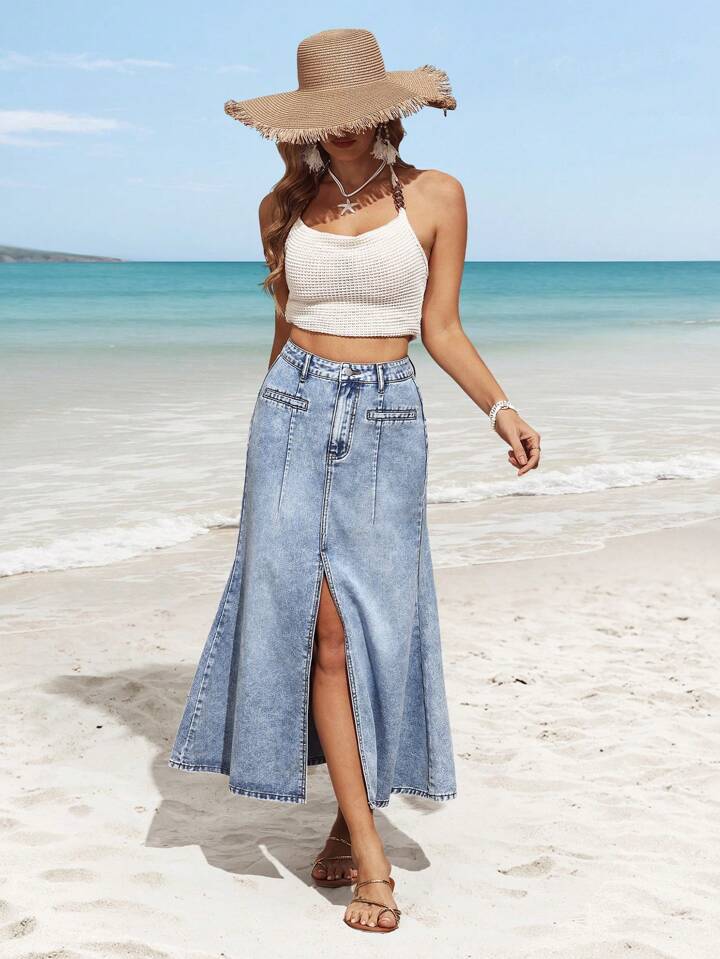 CM-BS573153 Women Casual Seoul Style Washed Asymmetrical Slit Fishtail Denim Skirt - Blue