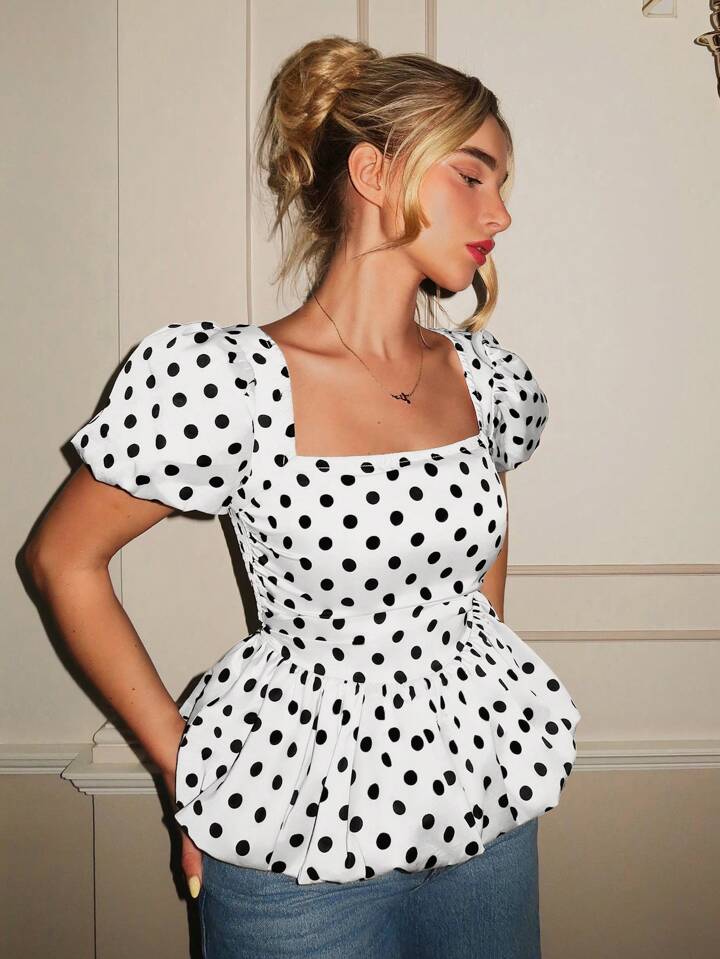 CM-TS397001 Women Casual Seoul Style Satin Square Neck Short Gathered Sleeve Polka Dot Slim Fit Peplum Blouse - White